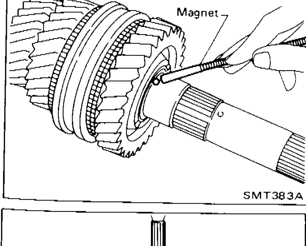 Using magnet to remove 1st gear washer and steel ball from mainshaft