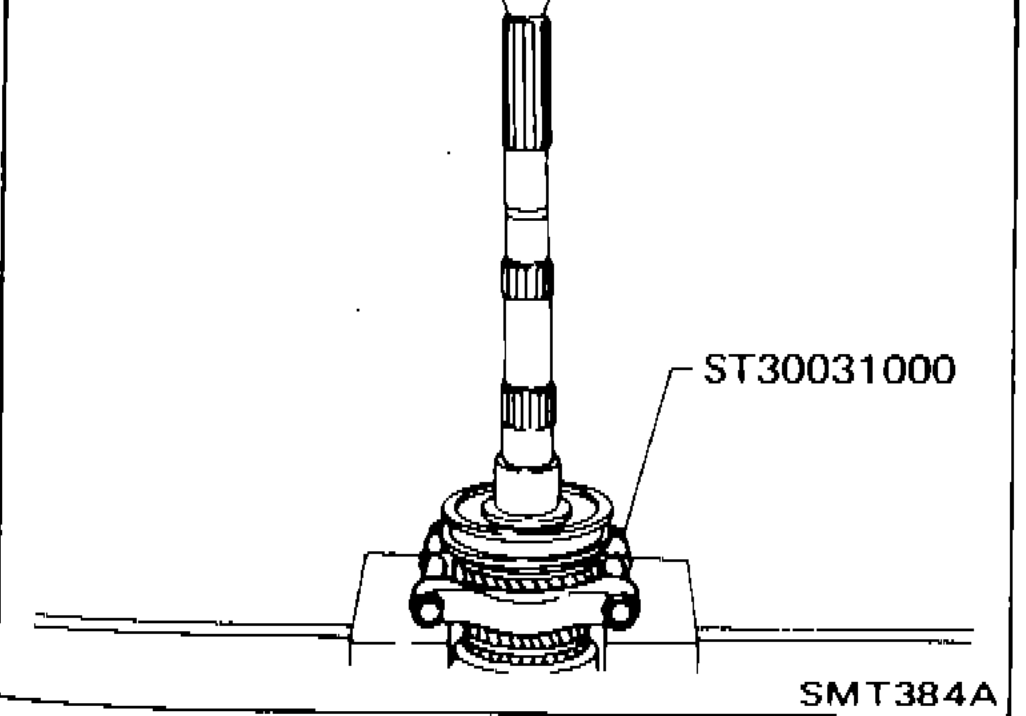 Using tool ST30031000 to press out 2nd main gear together with 1st gear bushing and 1st & 2nd synchronizer assembly
