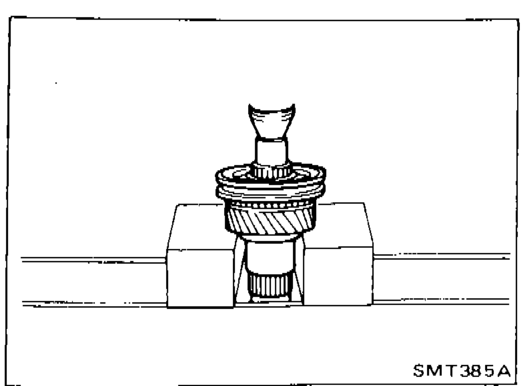 Press operation showing 3rd main gear being pressed out together with 3rd & 4th synchronizer assembly and 3rd gear needle bearing using a press and support fixture