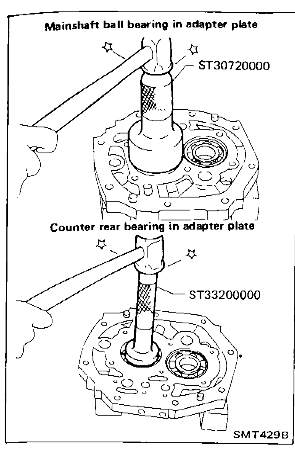 Two-panel illustration showing mainshaft ball bearing being installed into adapter plate using tool ST30720000 (top), and counter rear bearing being installed into adapter plate using tool ST33200000 (bottom).