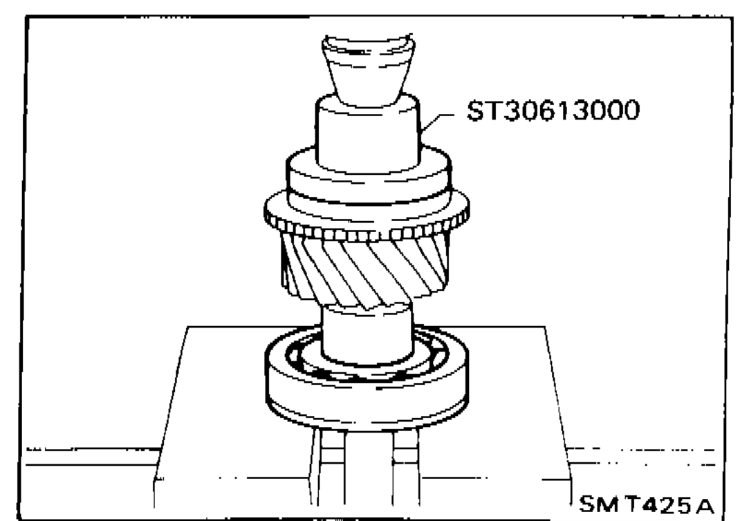 Press tool ST30613000 being used to press main drive gear bearing onto shaft
