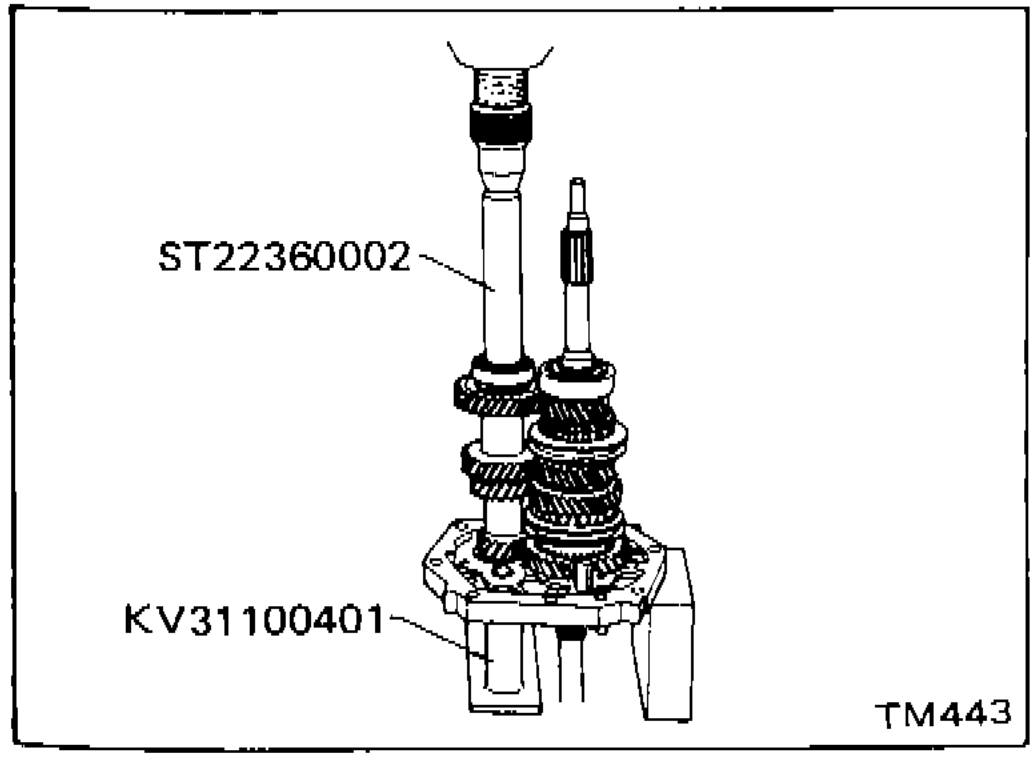 Pressing counter gear front bearing onto counter gear using tools ST22360002 and KV31100401
