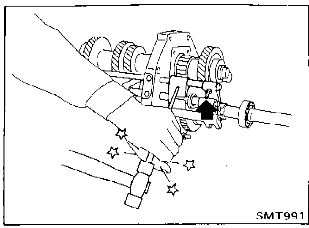 O.D.-reverse shift fork or reverse shift fork installation, with star callouts indicating key points