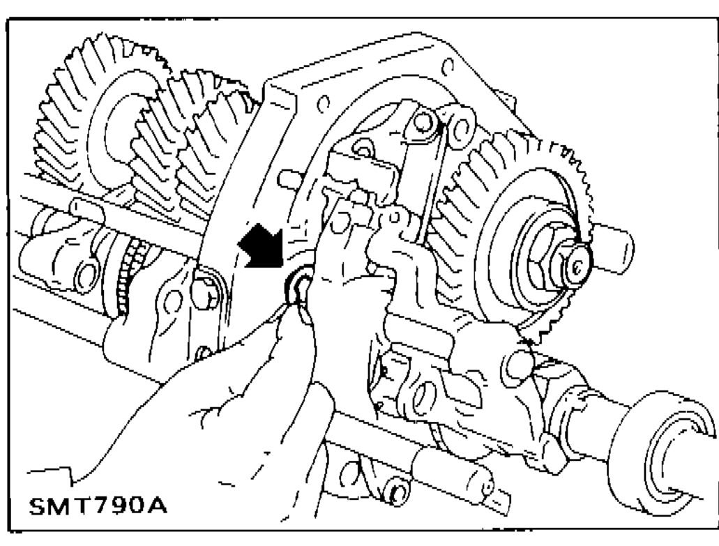 Installing E-ring on O.D. and reverse fork rod, arrow pointing to E-ring location