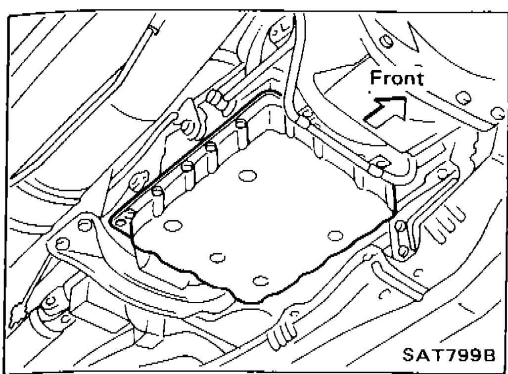 Underside view of vehicle showing oil pan location with Front direction arrow