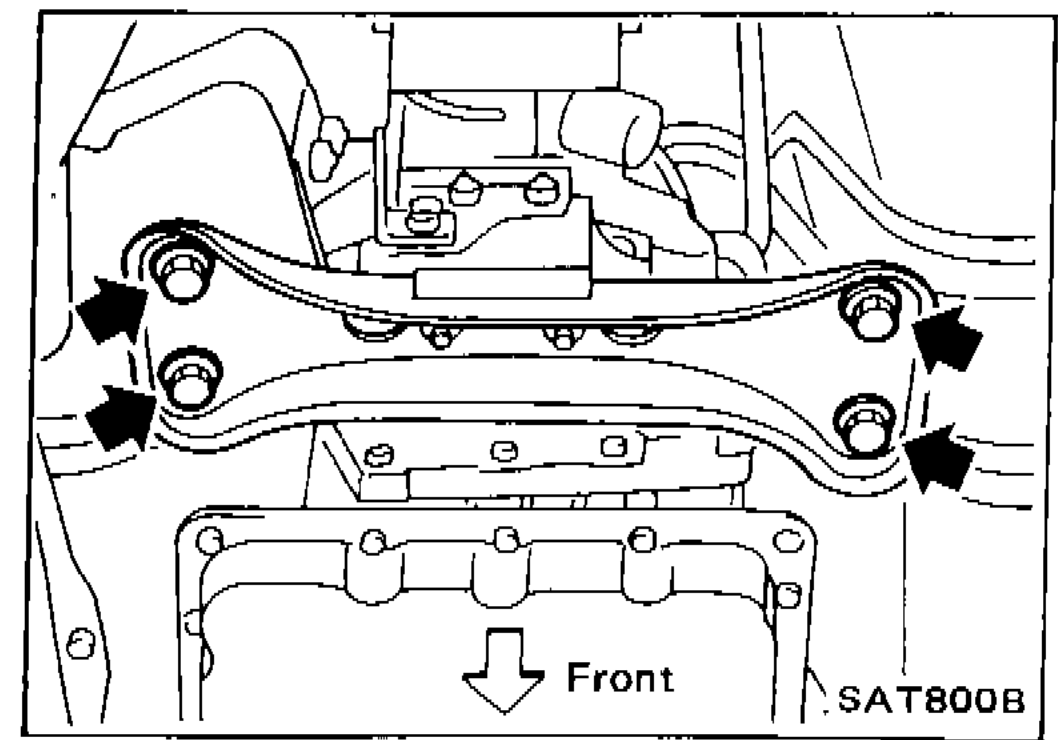 Rear engine mounting member removal from body panel, showing bolt locations with arrows, front orientation indicated