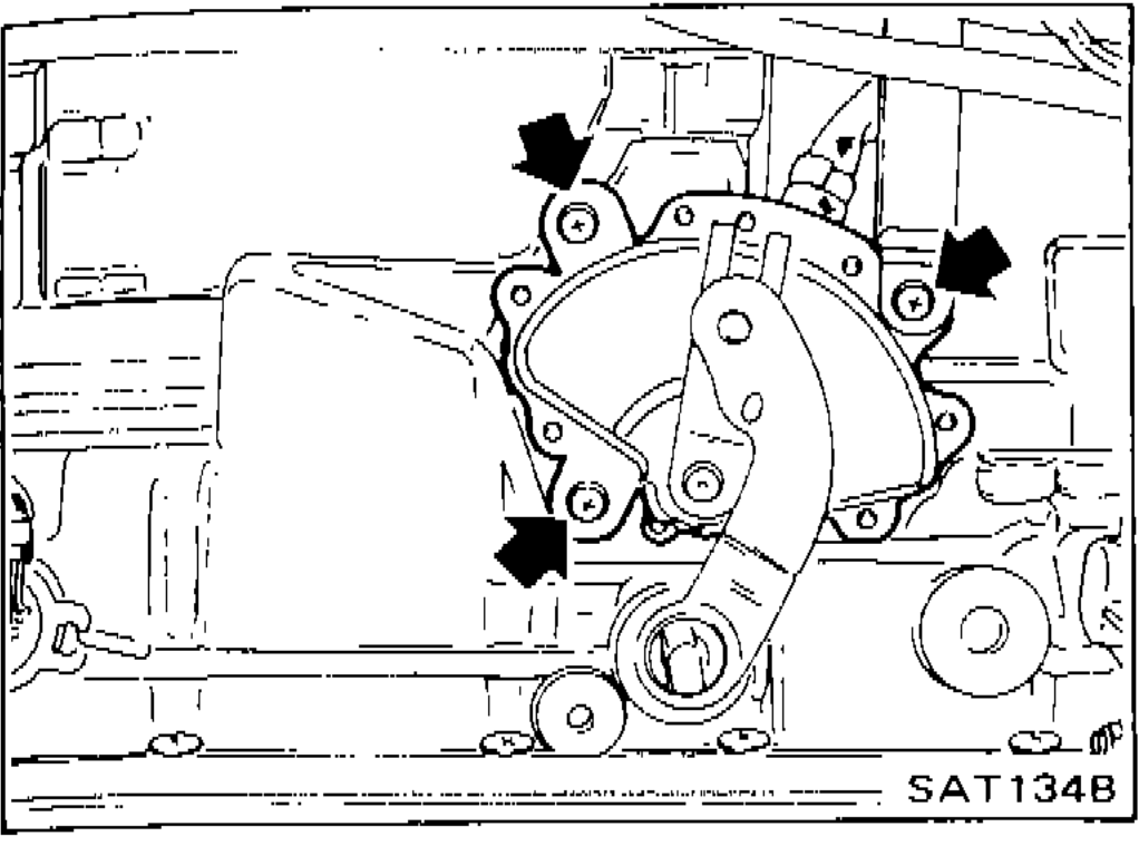 Inhibitor switch on A/T assembly showing fixing bolts and arrows indicating location