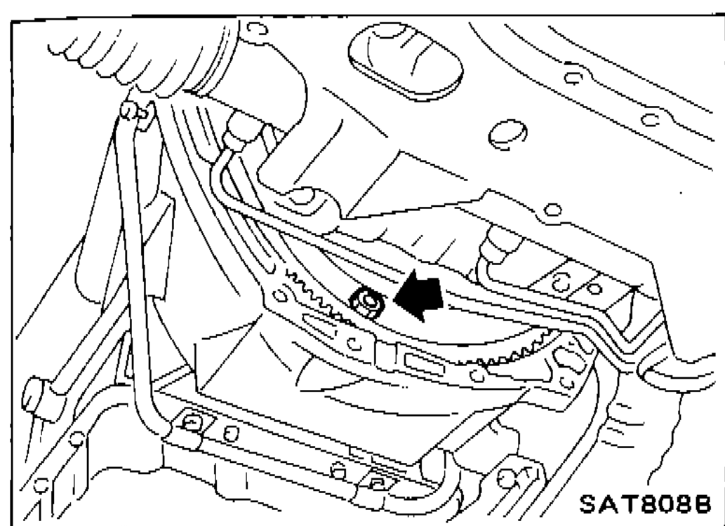 Photo showing removal of fluid charging pipe from A/T assembly area, underside view
