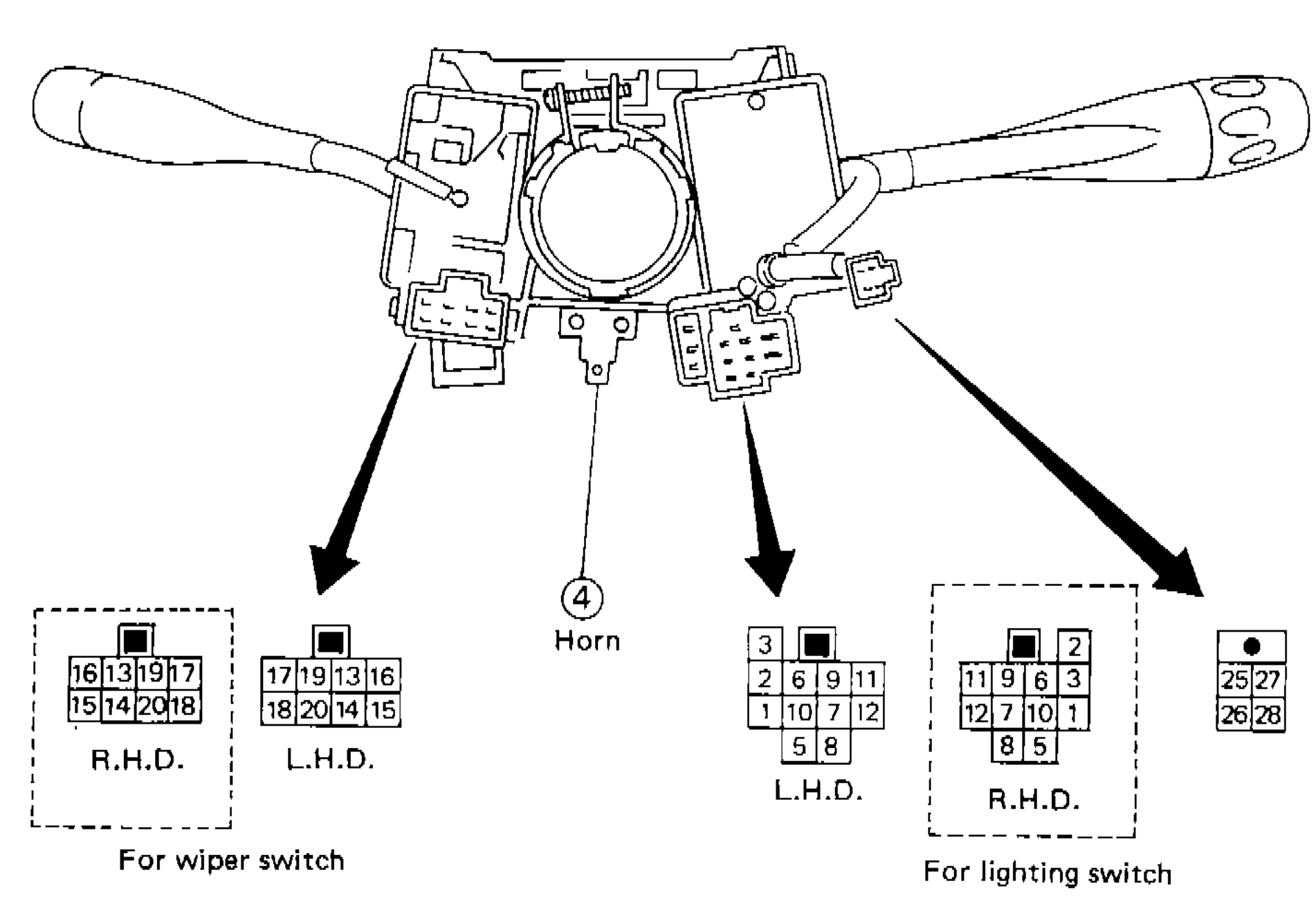 Bottom view of combination switch assembly showing connector locations for wiper switch (R.H.D. and L.H.D.), horn switch (connector 4), and lighting switch (L.H.D. and R.H.D.) with connector pin layout diagrams