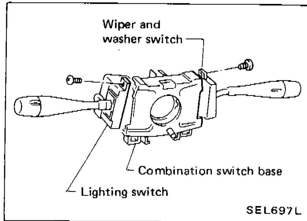 Combination switch assembly showing wiper and washer switch, combination switch base, and lighting switch