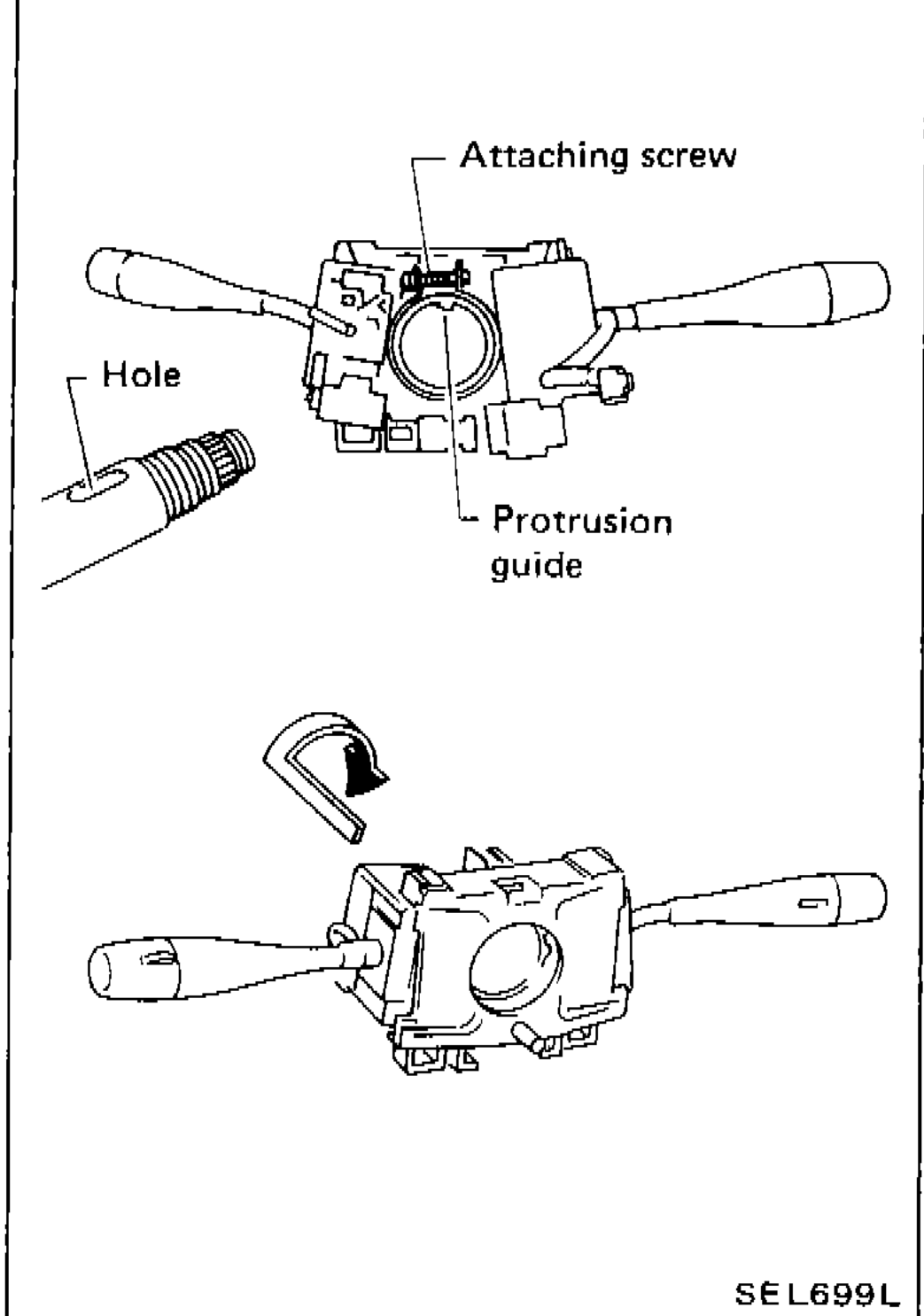 Combination switch base removal procedure showing attaching screw, hole, and protrusion guide; also shows base being turned after pushing
