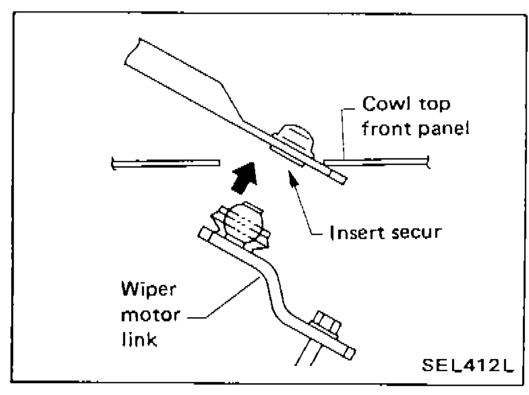 Diagram showing front wiper installation — inserting wiper motor link through cowl top front panel oblong hole, with labels for cowl top front panel, insert secur, and wiper motor link