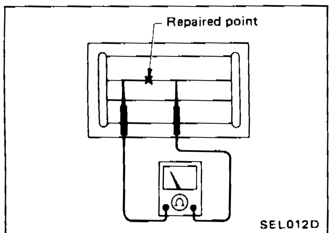 Diagram showing repaired point on rear window with multimeter/continuity tester connected to check repaired wire.
