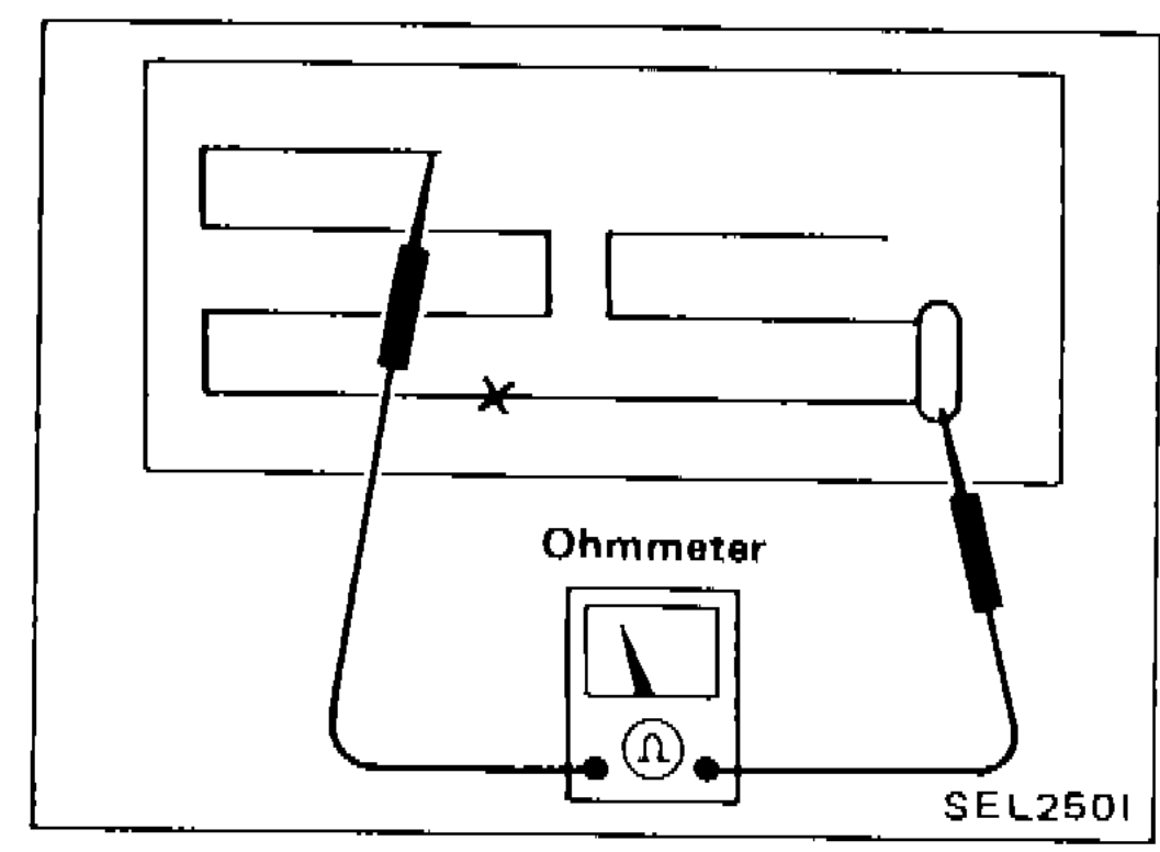 Ohmmeter probes attached to antenna terminals on each side of window element — continuity check setup