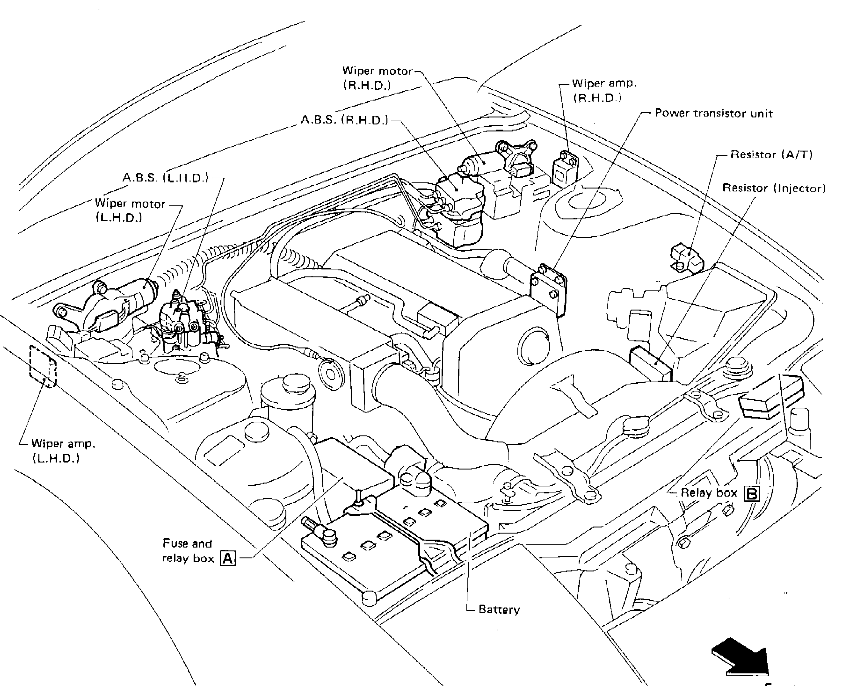 Engine compartment overview showing location of electrical units including ABS (L.H.D. and R.H.D.), wiper motors, wiper amps, power transistor unit, resistors, fuse and relay box A, relay box B, and battery.
