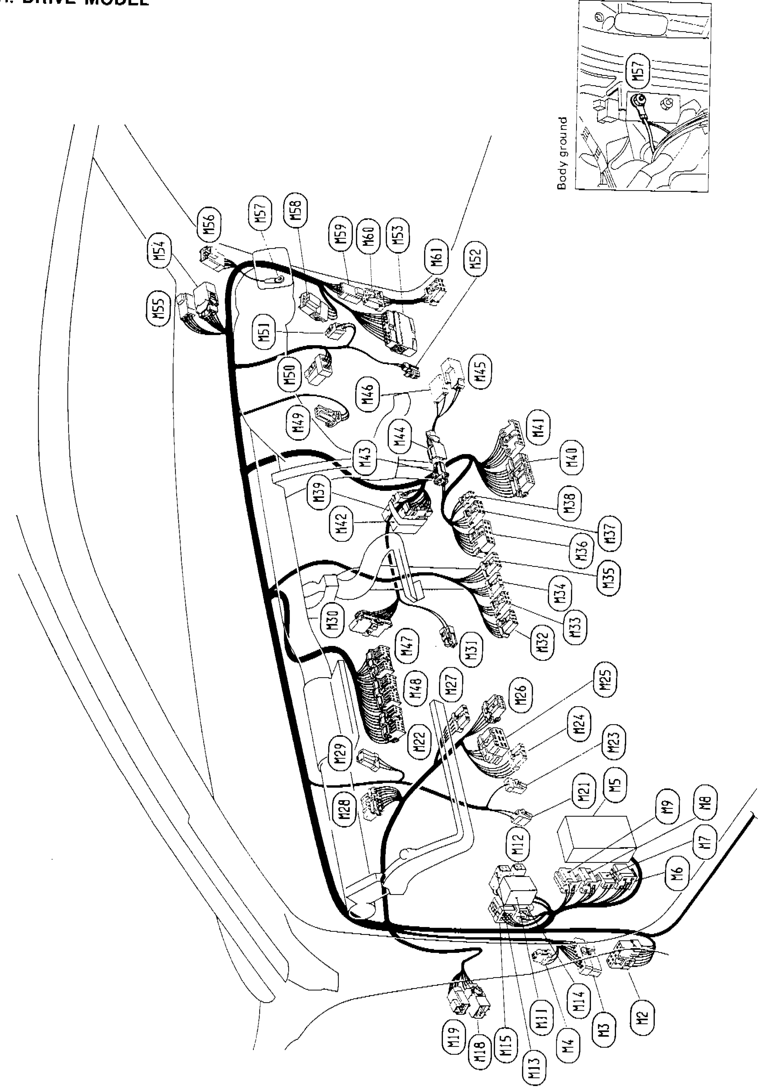 Main harness layout diagram for L.H. Drive Model showing connector locations M2 through M61 and M57 body ground, with inset photo showing body ground location