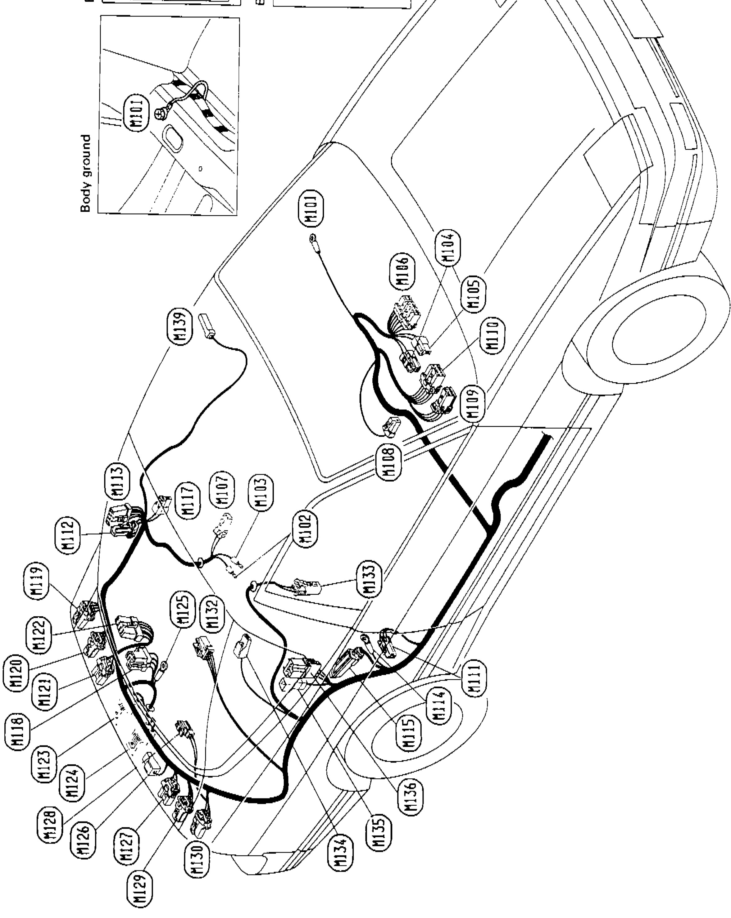Main harness layout diagram for R.H. Drive Model showing connector locations M101 through M139 on a vehicle body diagram (top-down/side view)
