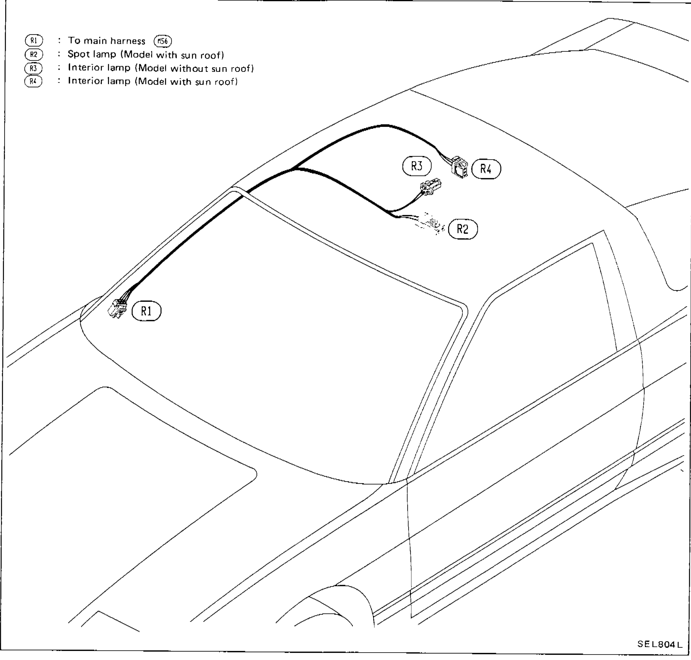 Overhead/perspective view of the S13 roof area showing room lamp harness routing with connectors R1 (to main harness M56), R2 (spot lamp, model with sun roof), R3 (interior lamp, model without sun roof), and R4 (interior lamp, model with sun roof).