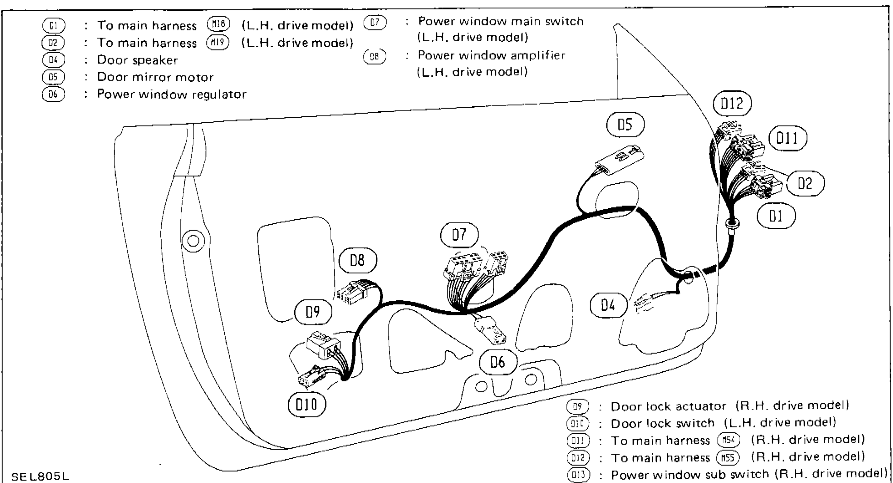Door Harness L.H. layout diagram showing connector locations within left-hand door panel