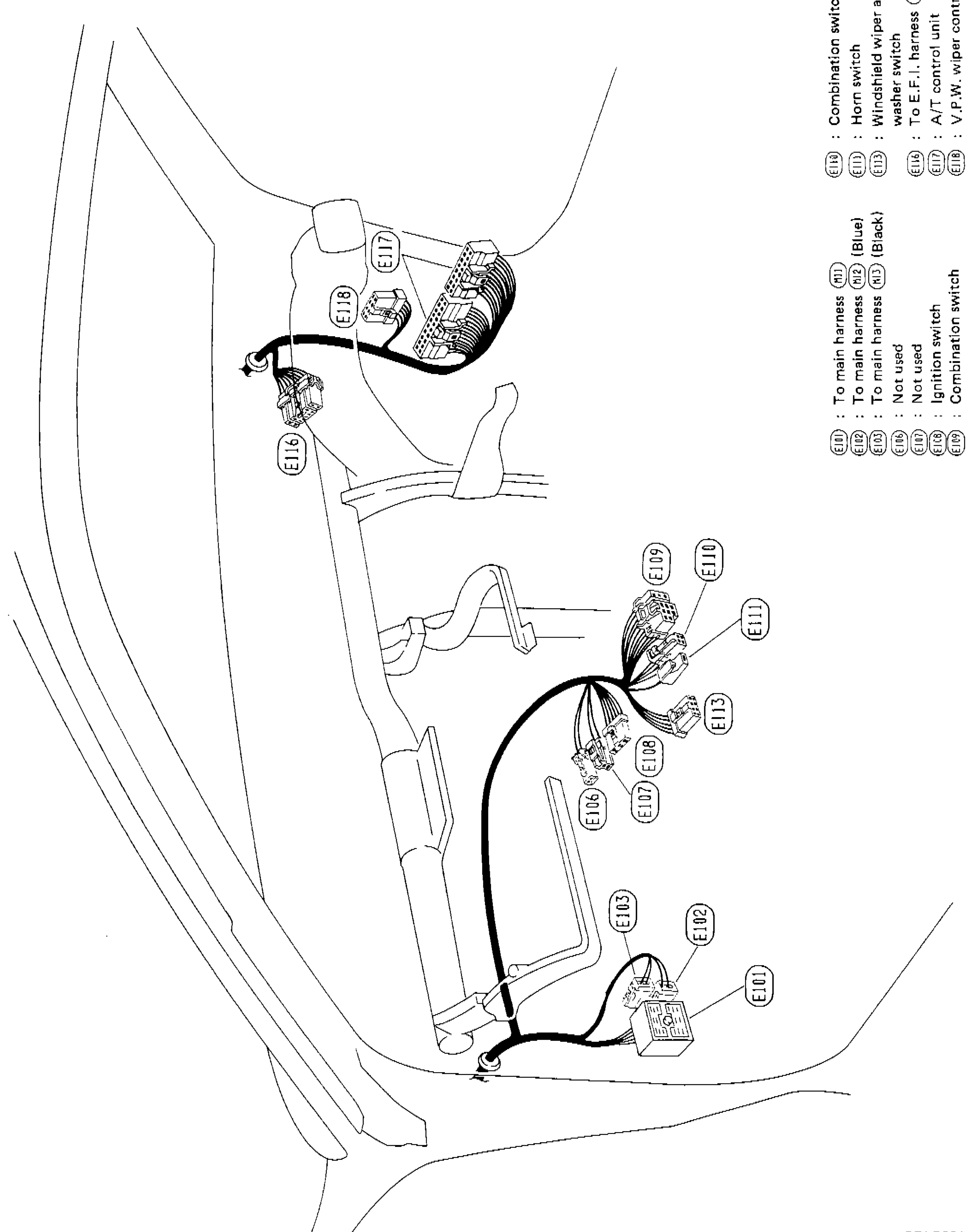 Engine room harness connector layout for L.H. Drive Model, showing connectors E101 through E119 with routing along firewall/cowl area
