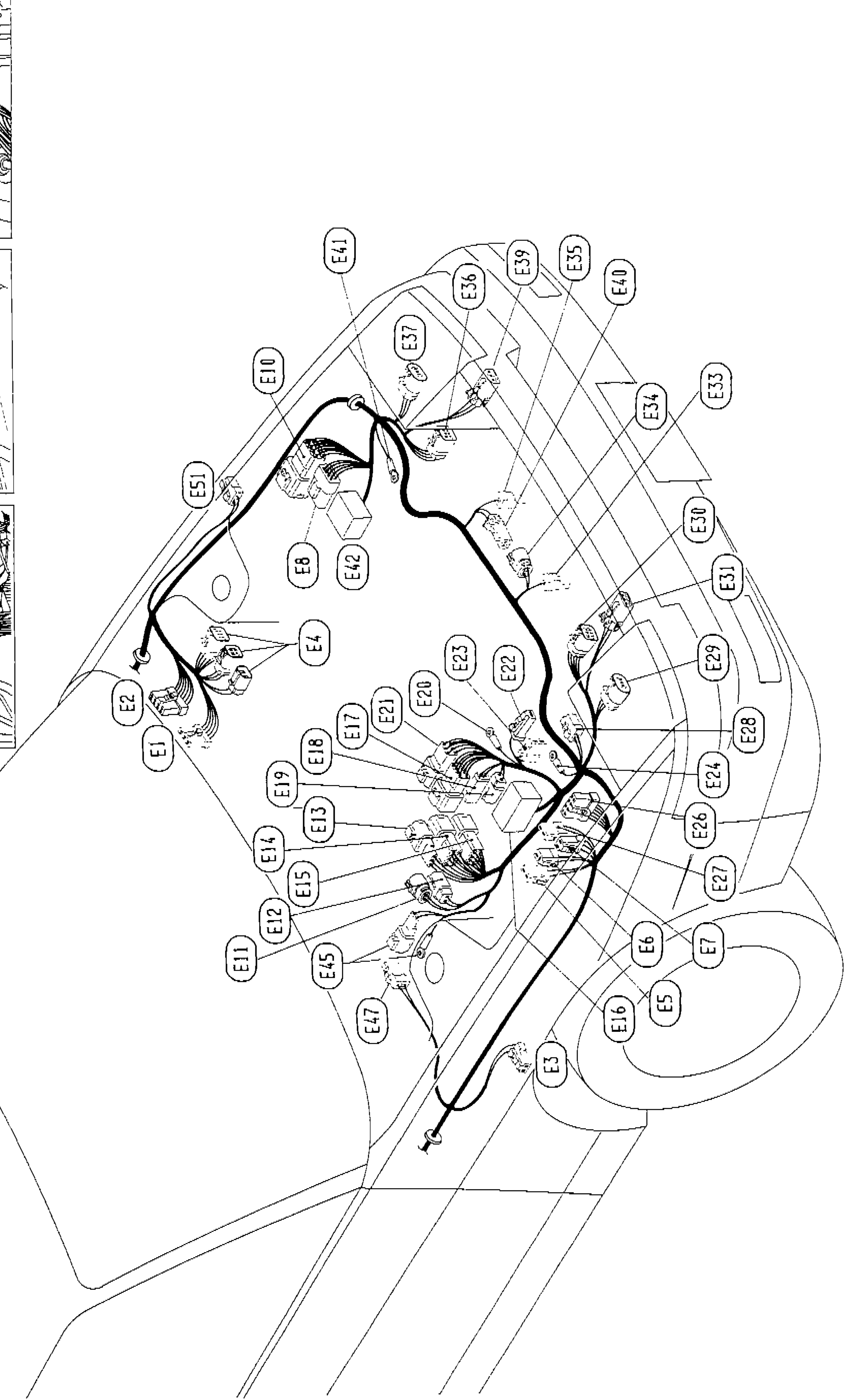 Engine room harness layout diagram for R.H. Drive Model showing connector locations E1 through E53 and body ground points