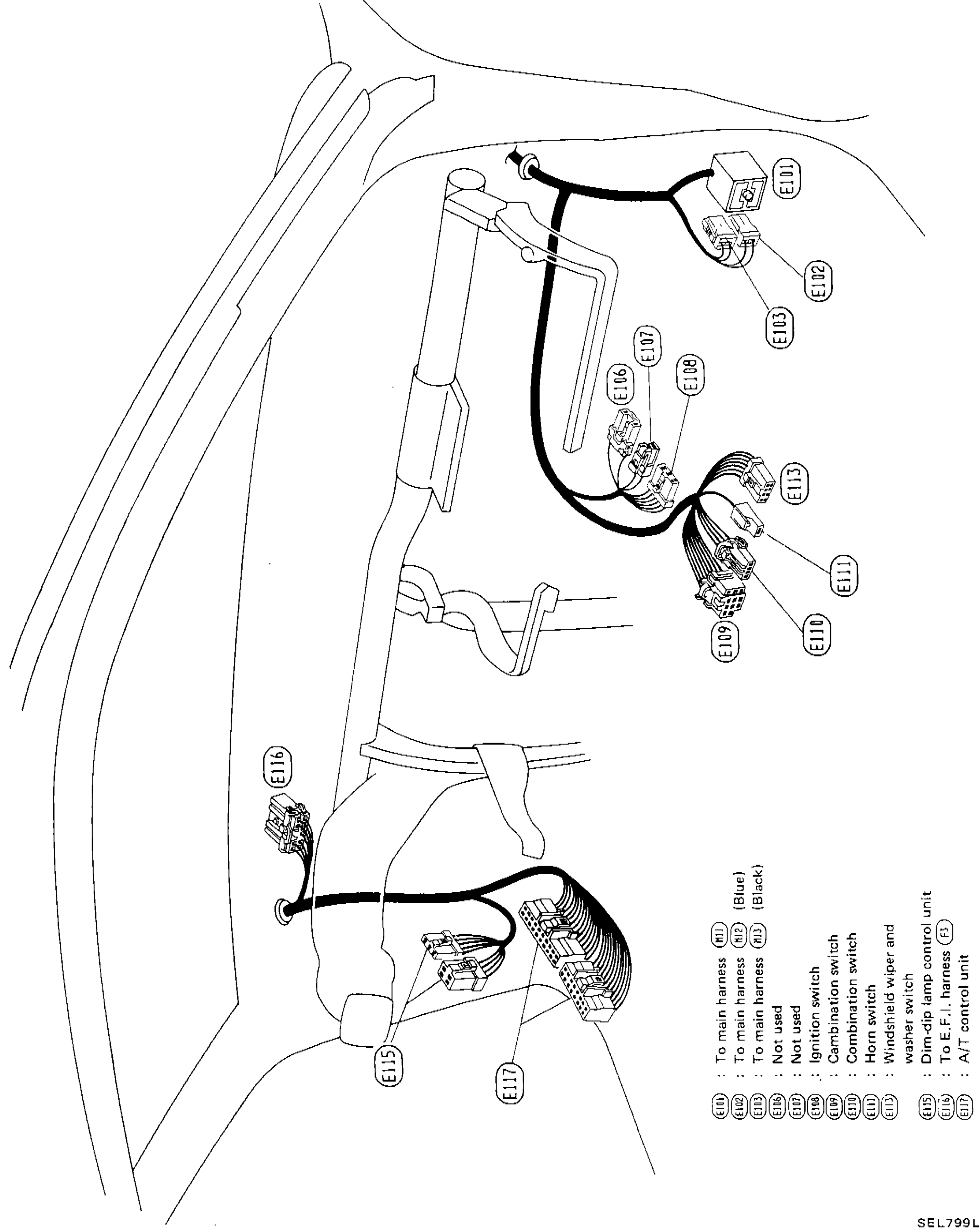 Engine room harness layout for R.H. Drive Model showing connectors E101 through E117 with their routing and connection points in the engine bay firewall area