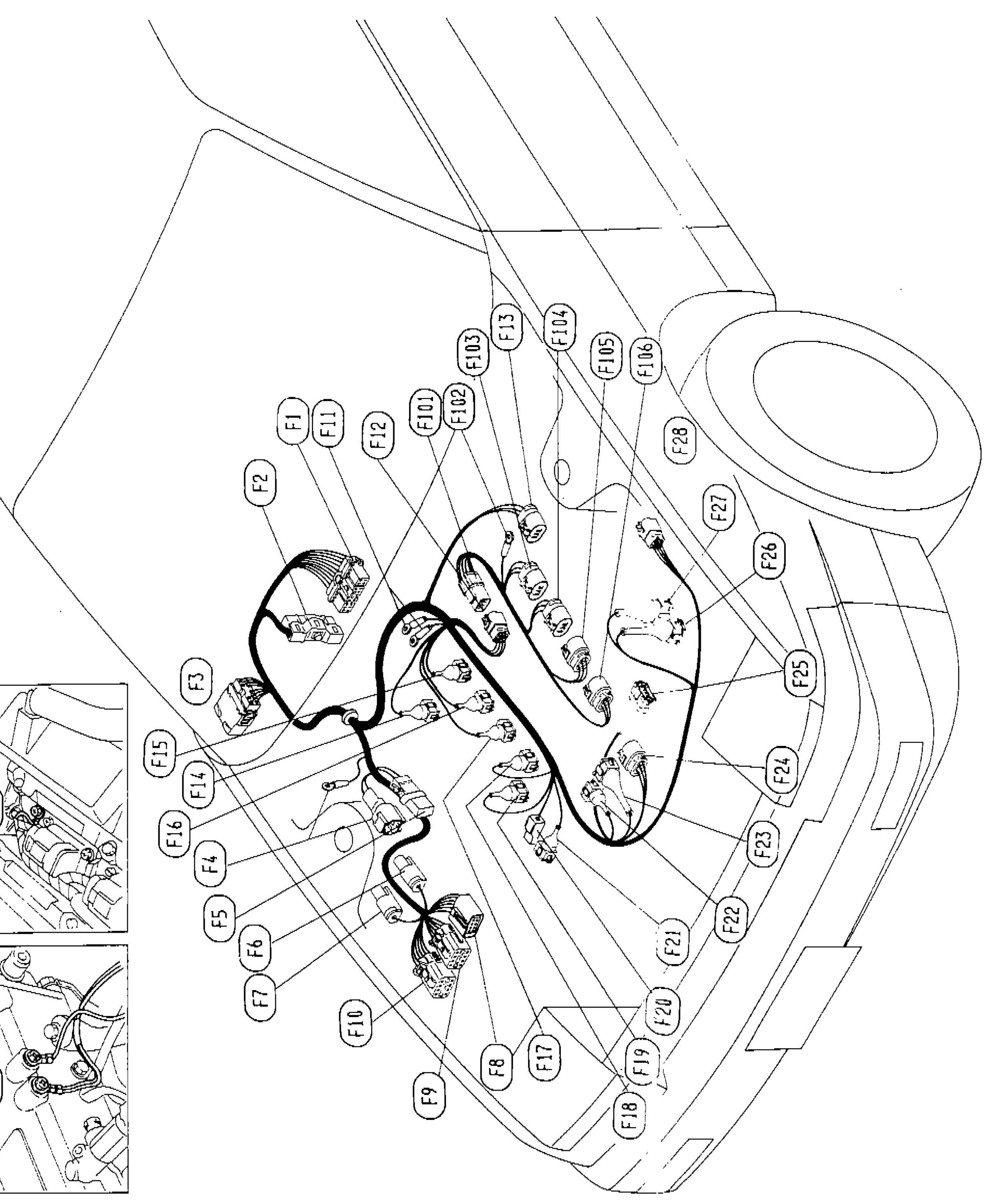 Engine bay harness layout diagram for L.H. Drive Model showing EFI harness connector locations (F1 through F28, F101 through F106) in the engine compartment, with connector routing indicated by heavy black lines.