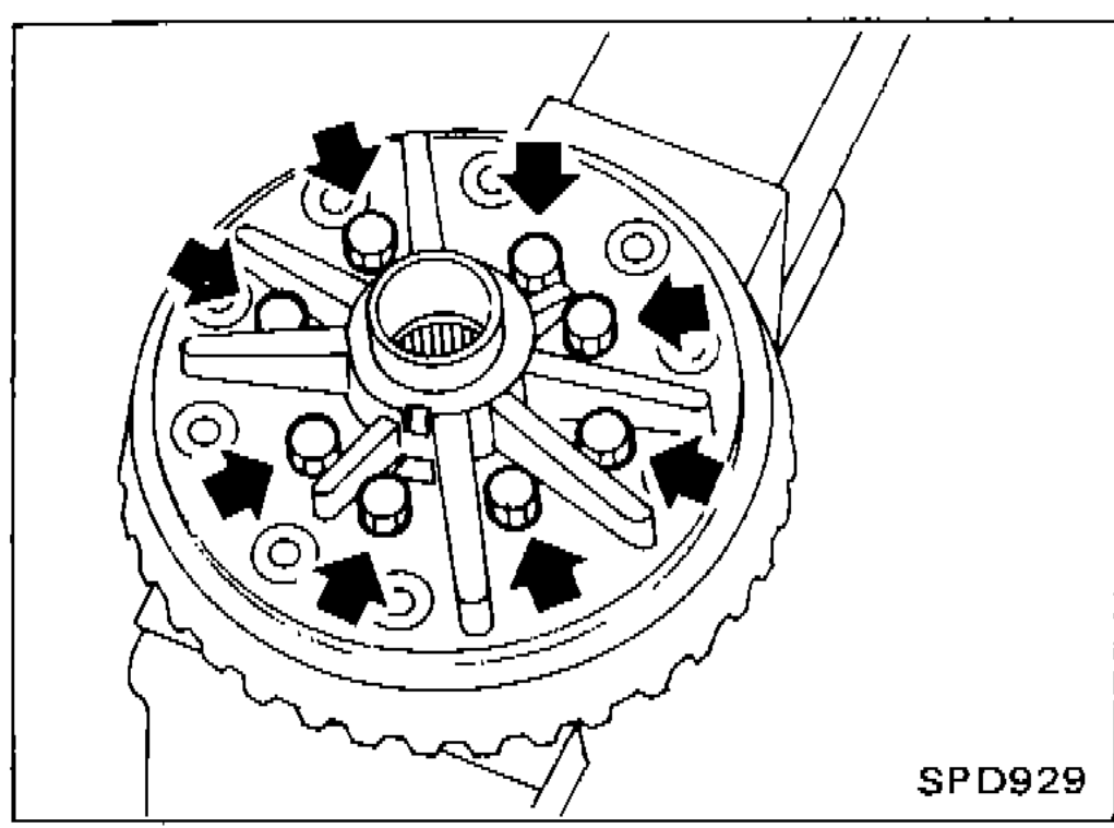 Differential case viewed from front showing bolt pattern with arrows indicating matchmark positions on L.H. and R.H. halves prior to separation (4-pinion type).