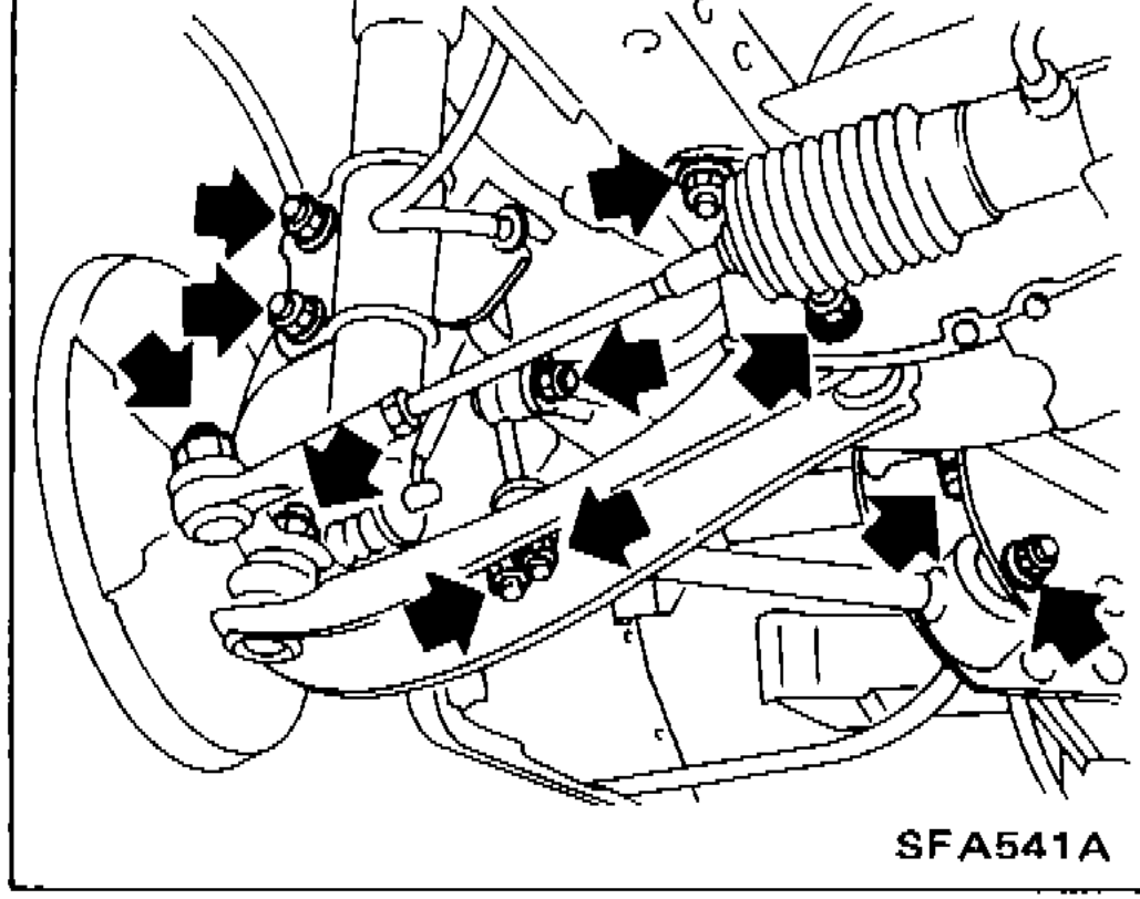 Front suspension assembly showing various nuts and bolts locations with arrows indicating tightening points