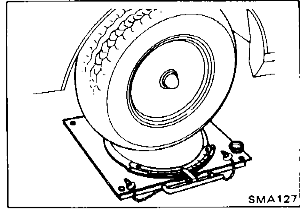 Illustration of front wheel resting on turning radius gauge