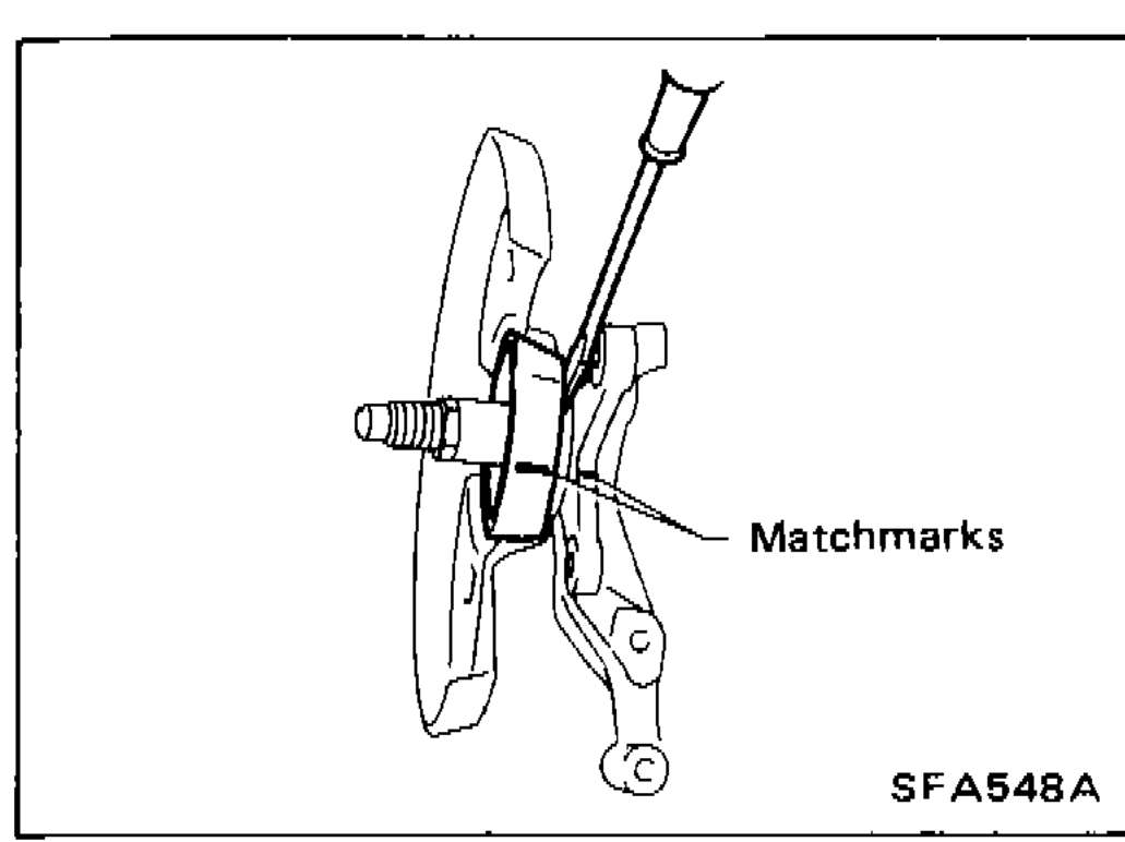 Illustration showing matchmarks on baffle plate before removal, with a screwdriver being used to separate it from the knuckle spindle.