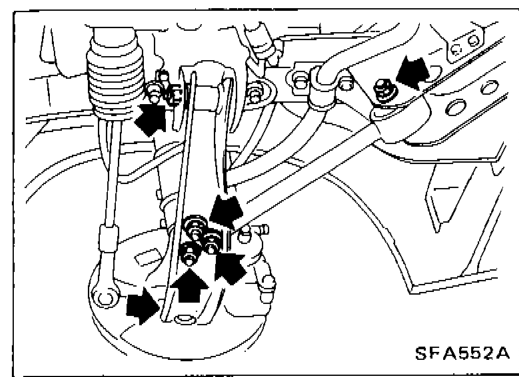 Vehicle underside showing tension rod and stabilizer bar removal points with arrows indicating fastener locations