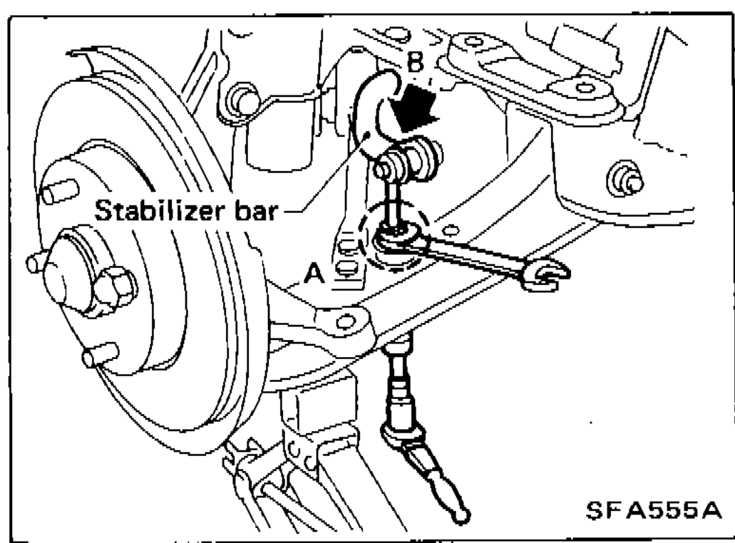 Underside view showing stabilizer bar with portion A labeled — fix portion A during removal and installation