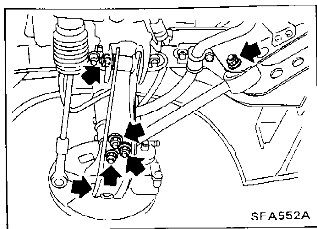 Photo showing transverse link and lower ball joint assembly with arrows indicating removal points for stabilizer, tension rod, ball joint and transverse link assembly.