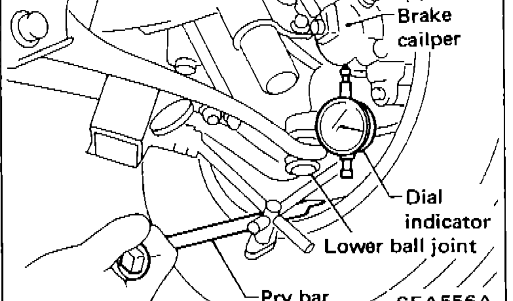 Illustration showing vertical end play measurement setup with dial indicator clamped onto transverse link, pry bar between transverse link and inner rim of road wheel, showing transverse link, brake caliper, dial indicator, lower ball joint, and pry bar.