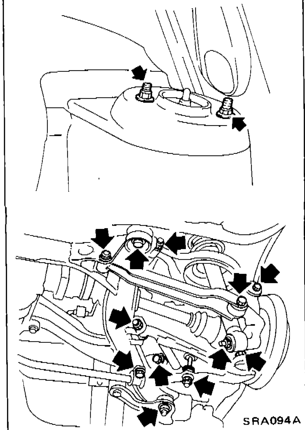Illustration showing rear suspension components with arrows indicating nuts and bolts to be retightened and cotter pin location