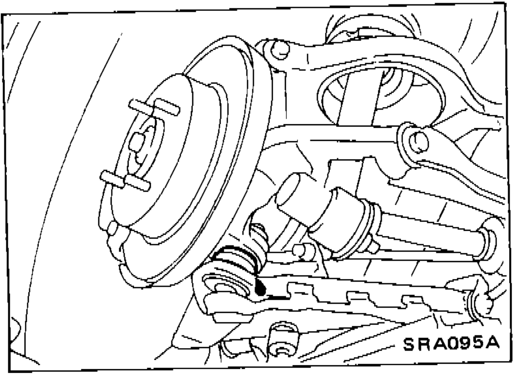 Illustration of suspension ball joint and dust cover to be checked for grease leakage and cracks or other damage