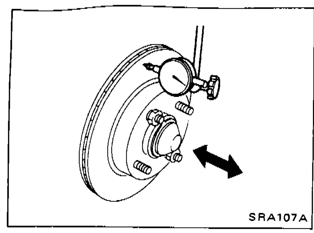 Dial gauge measuring rear wheel bearing axial end play on brake disc/hub assembly