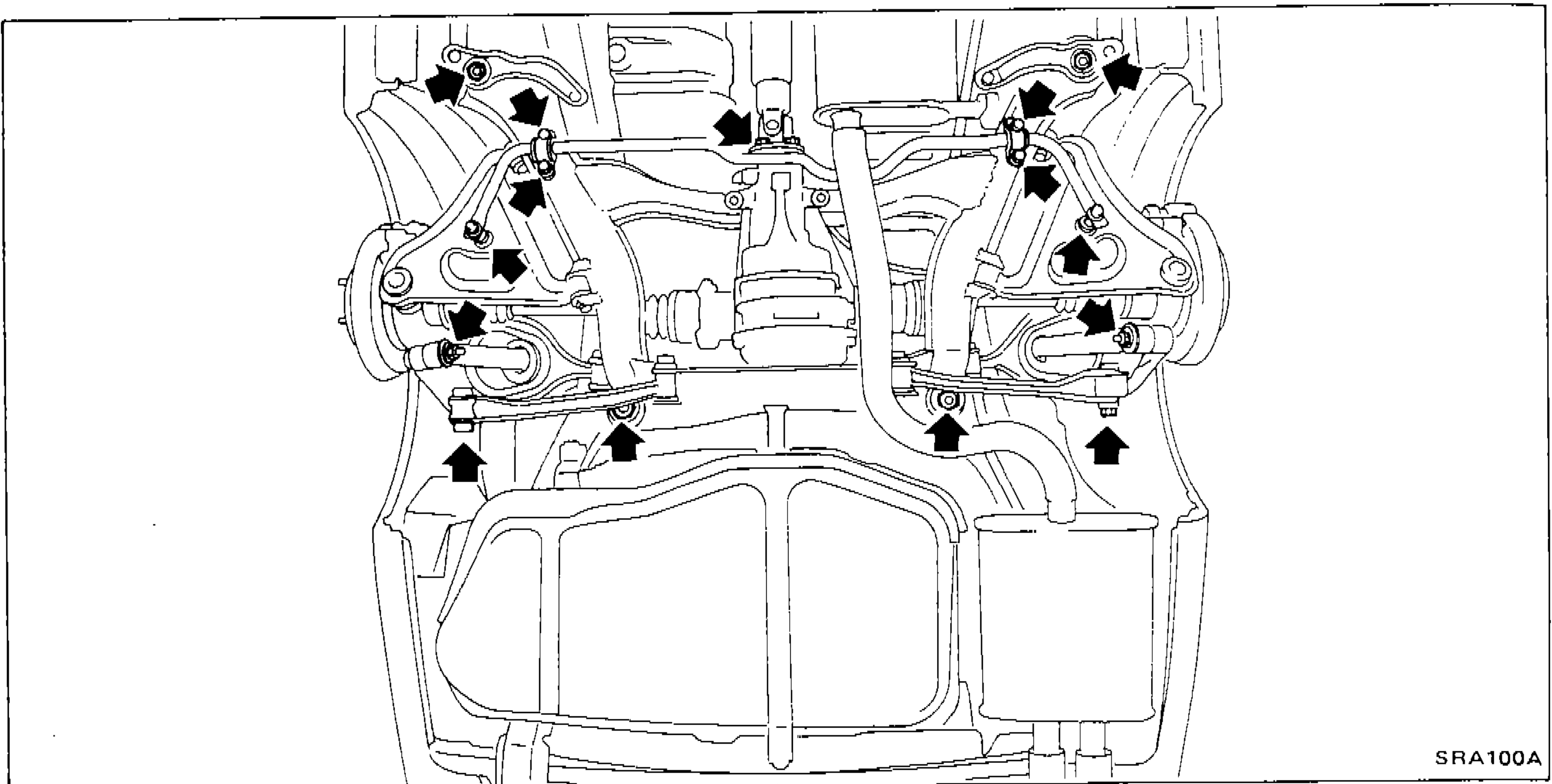 Underside view of rear axle and rear suspension assembly showing bolt/nut removal points indicated by arrows