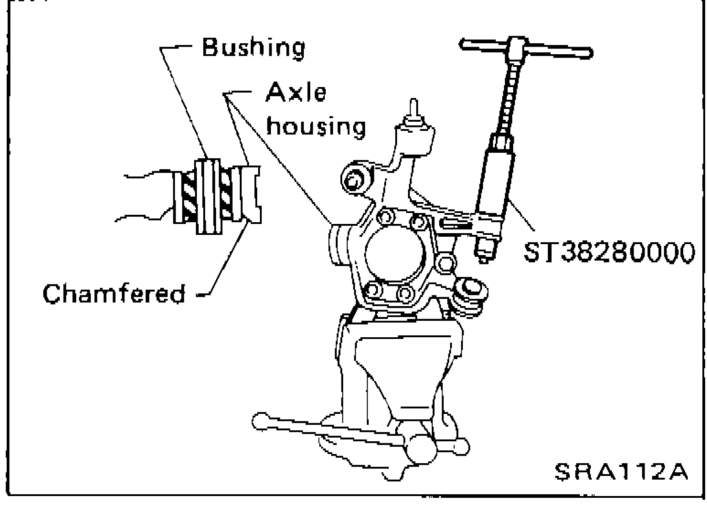 Illustration showing bushing being pressed into chamfered bore end of axle housing using ST38280000 arm bushing remover.