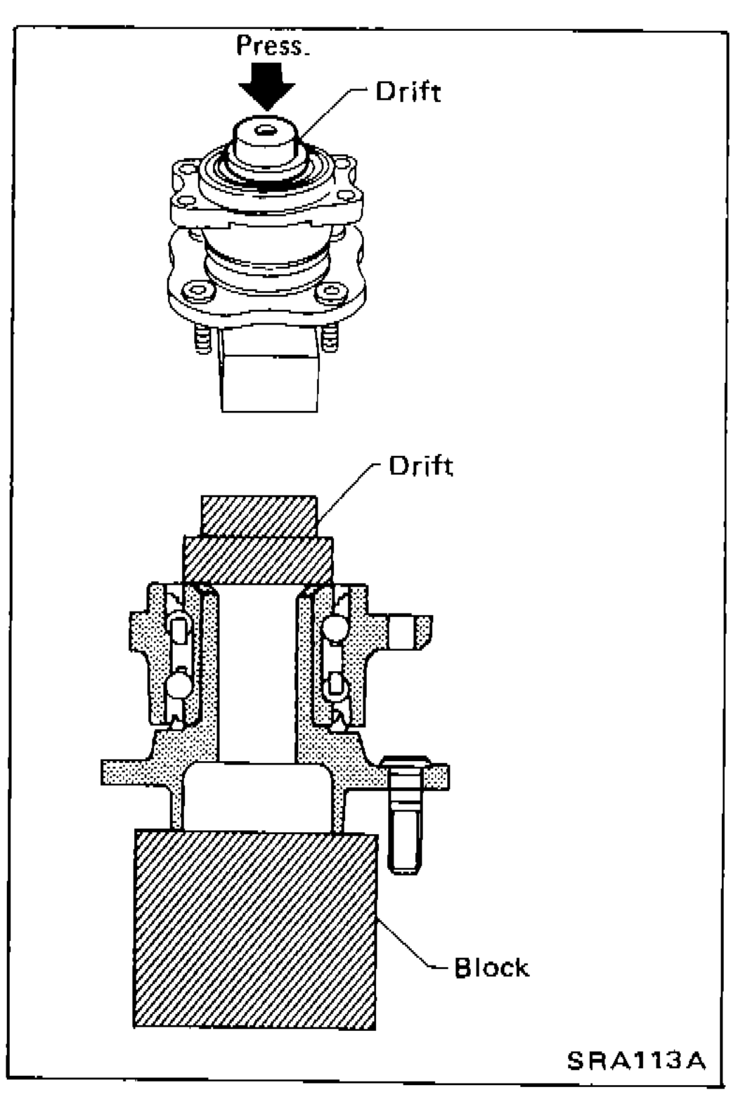 Two illustrations showing assembly of wheel bearing into hub: top shows drift pressing bearing into hub from above; bottom shows drift and block setup for pressing bearing into hub from below.