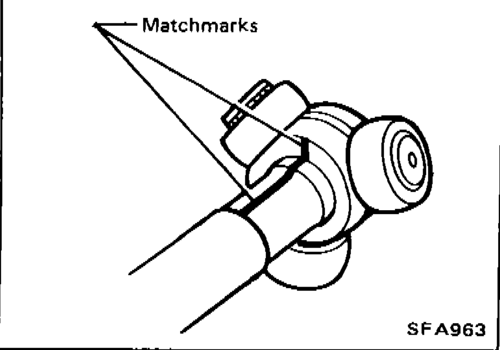 Drive shaft with matchmarks scribed on the wheel-side housing and shaft to preserve orientation before separation.