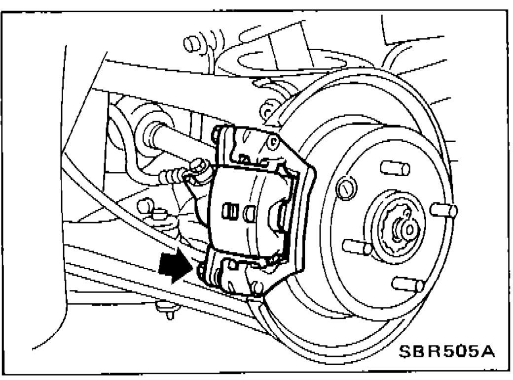 Rear caliper with arrow pointing to the guide pin being removed.
