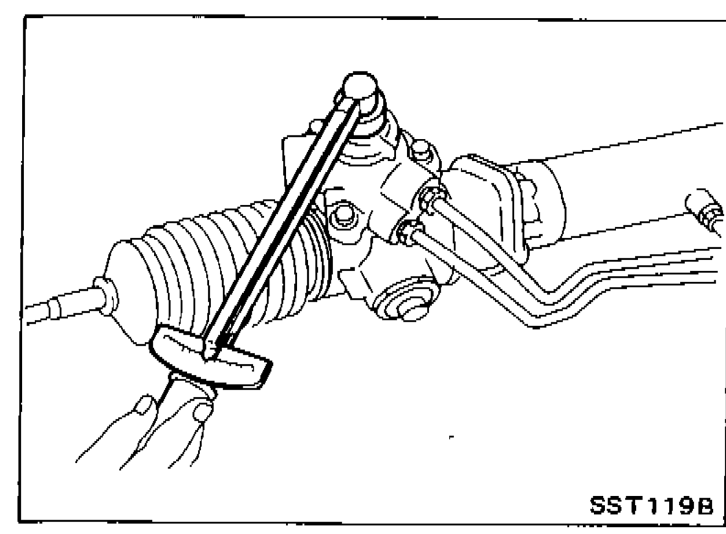 Power-steering gear in soft-jaw vise; pinion-rotating-torque measurement with torque adapter on the pinion shaft.