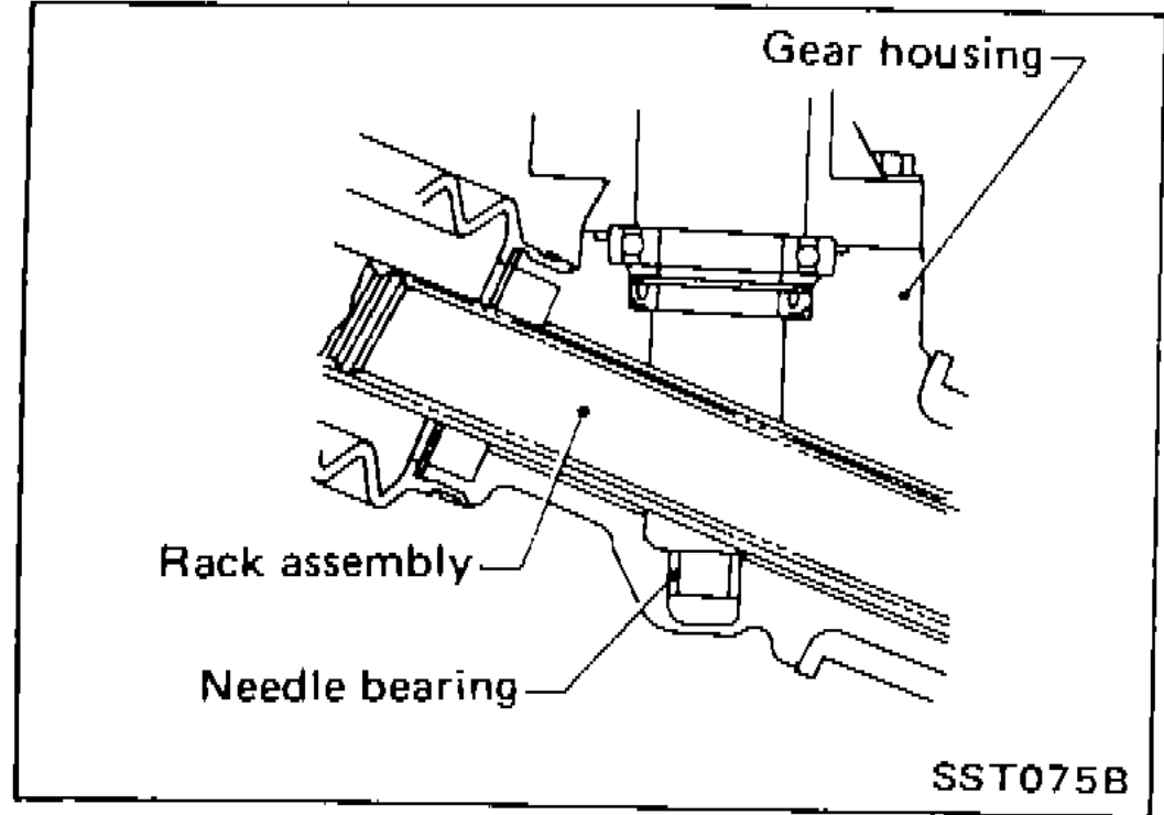 Cross-section of gear housing showing rack assembly seated on the needle bearing inside the gear housing.