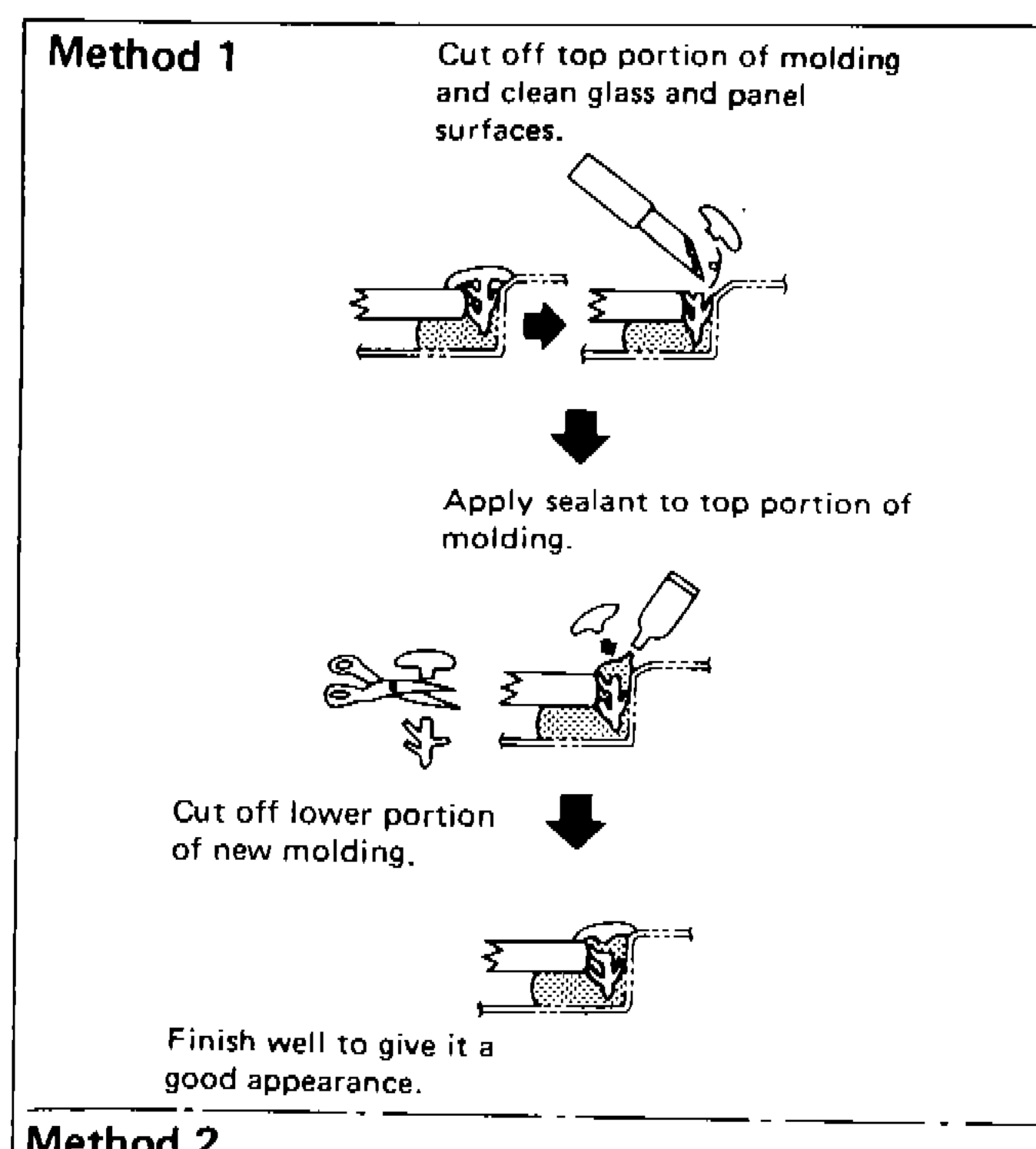 Method 1 / Method 2 step diagrams for windshield upper-and-side molding replacement: cut off top portion of molding, clean glass and panel, apply sealant, set new molding fastener with apply primer to body panel and primer to molding (Apply primer / Glass / Dam rubber / Fastener / Double-faced adhesive tape / Apply sealant / Sealant labels visible).