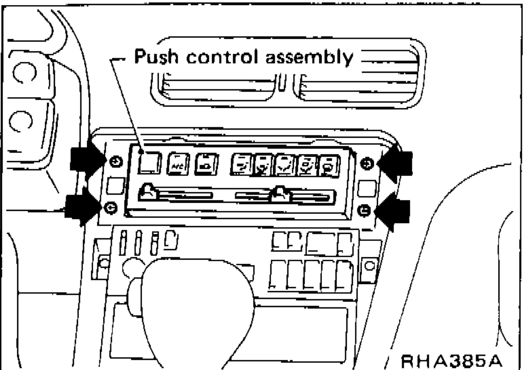Push control assembly visible in dashboard after cluster lid C removal — four screws to be removed.