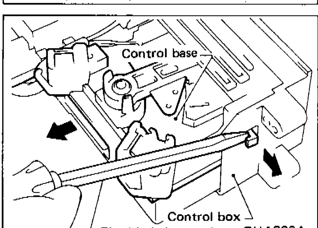 Flat-bladed screwdriver releasing the hooks at each end of the control box; control base lifted off and away from control box (arrow direction).