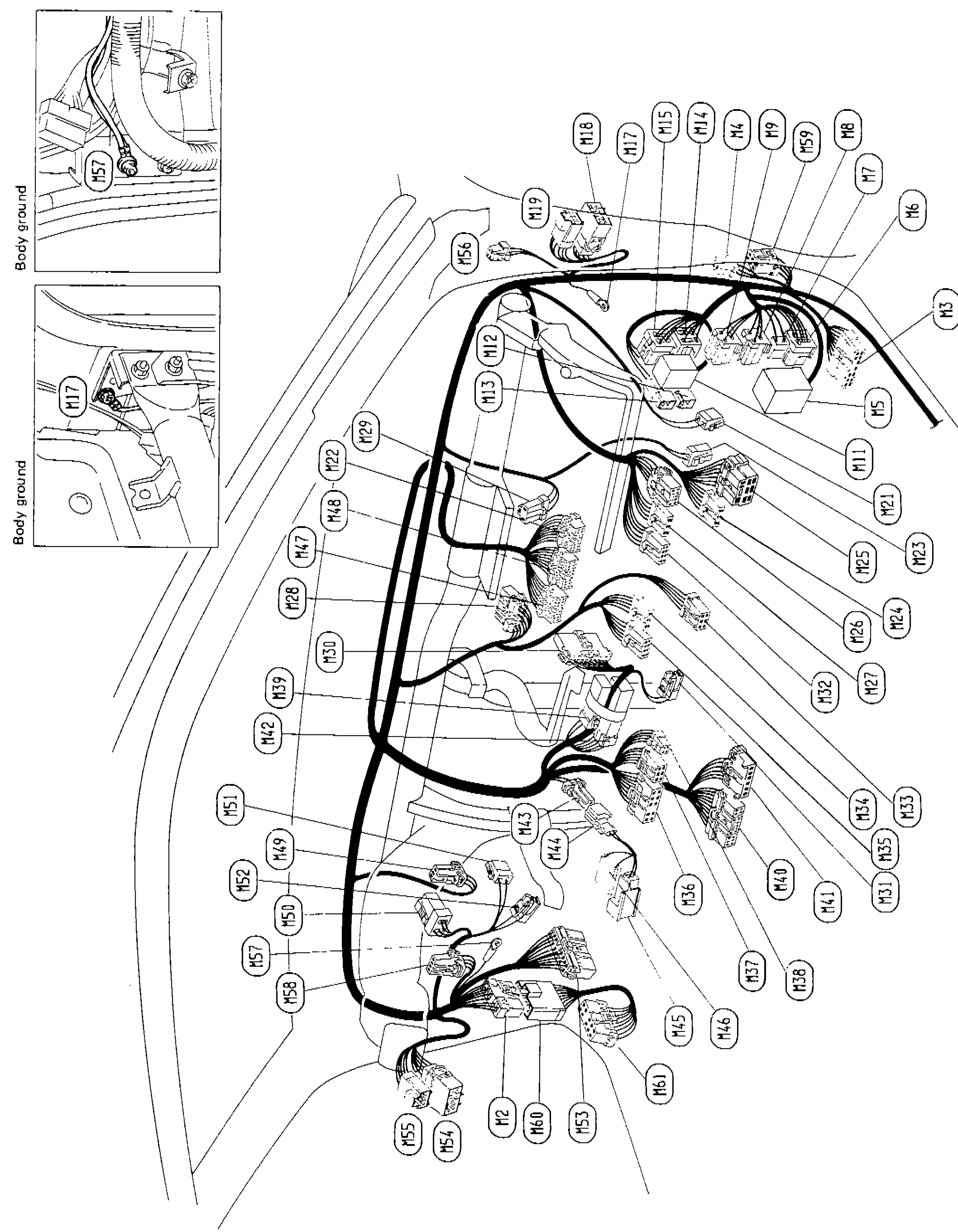 R.H.D. main-harness dashboard run: connector callouts (M-prefix) packed around the steering column, fuse block, A/C unit, gauges and S.M.J. Two body-ground insets in upper left show the physical grounding location at the side panel.