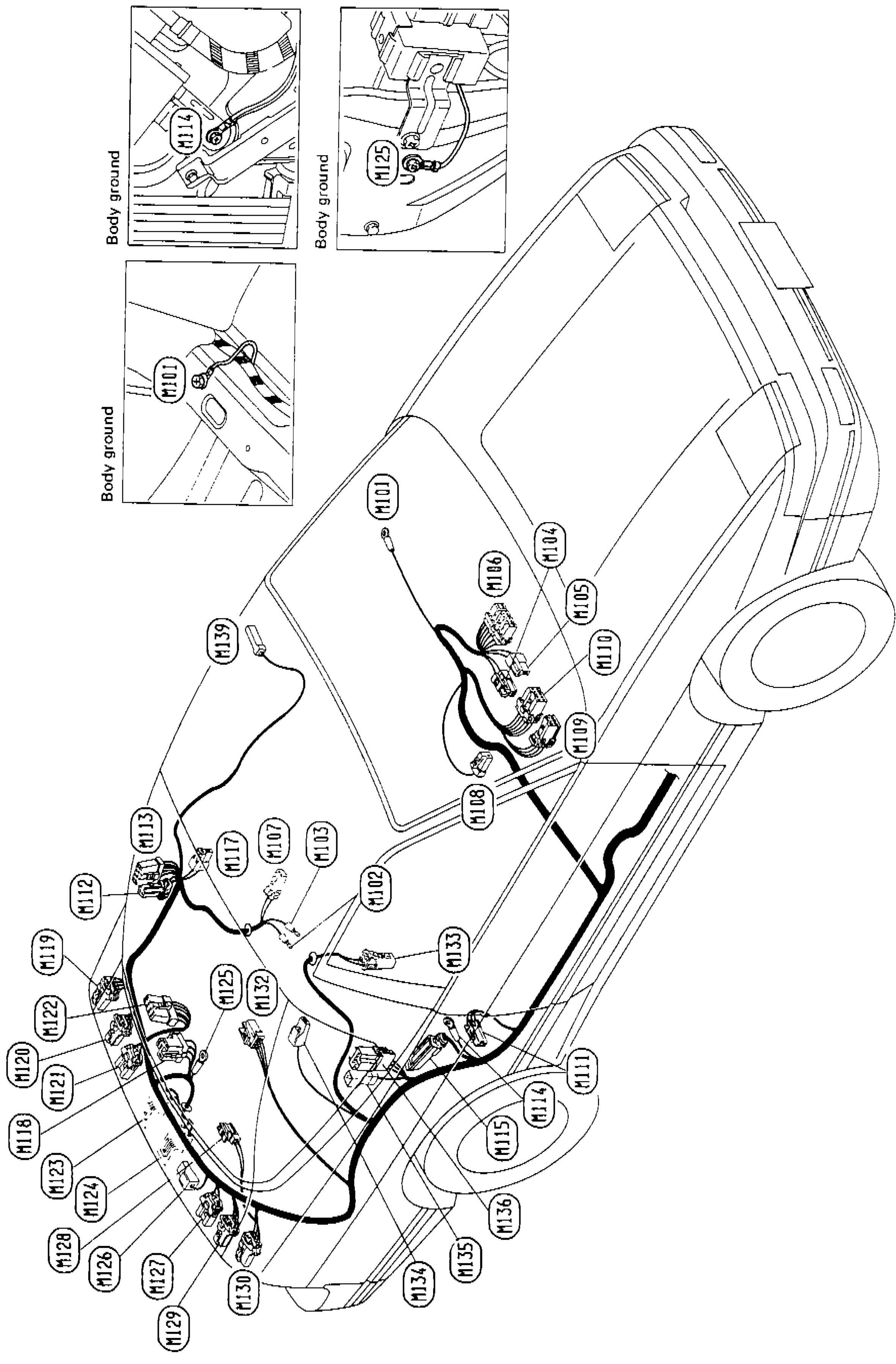 R.H.D. rear-cabin / luggage-area harness map with connector callouts M101 through ~M139 and three body-ground insets along the upper left showing M111 / M114 / M125 grounding locations.